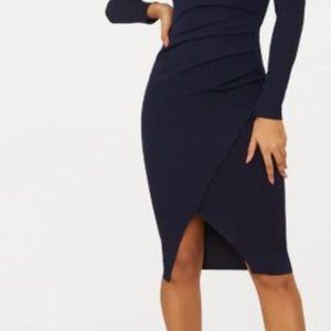 NAVY ASYMMETRIC NECK PLEATED DRESS